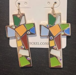 Wildflowers Multicolor Mosaic Cross Earrings